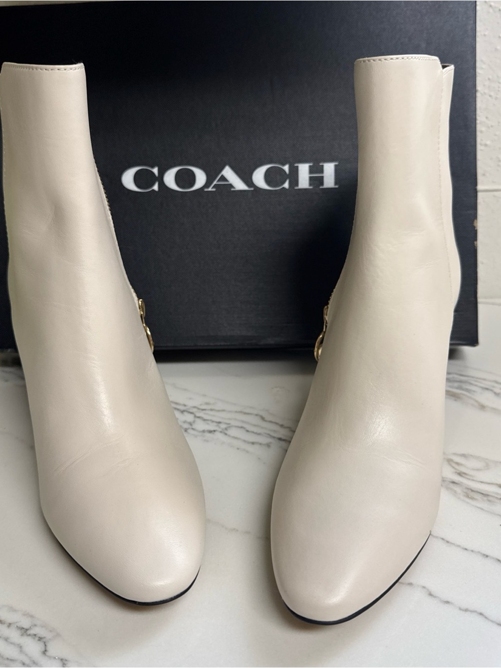 Coach Cream Leather Ankle Booties with Gold Accent